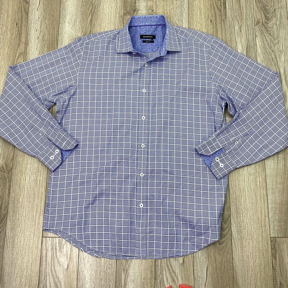 Bugatchi Button Down Mens Shirt Blue Check Long Sleeve